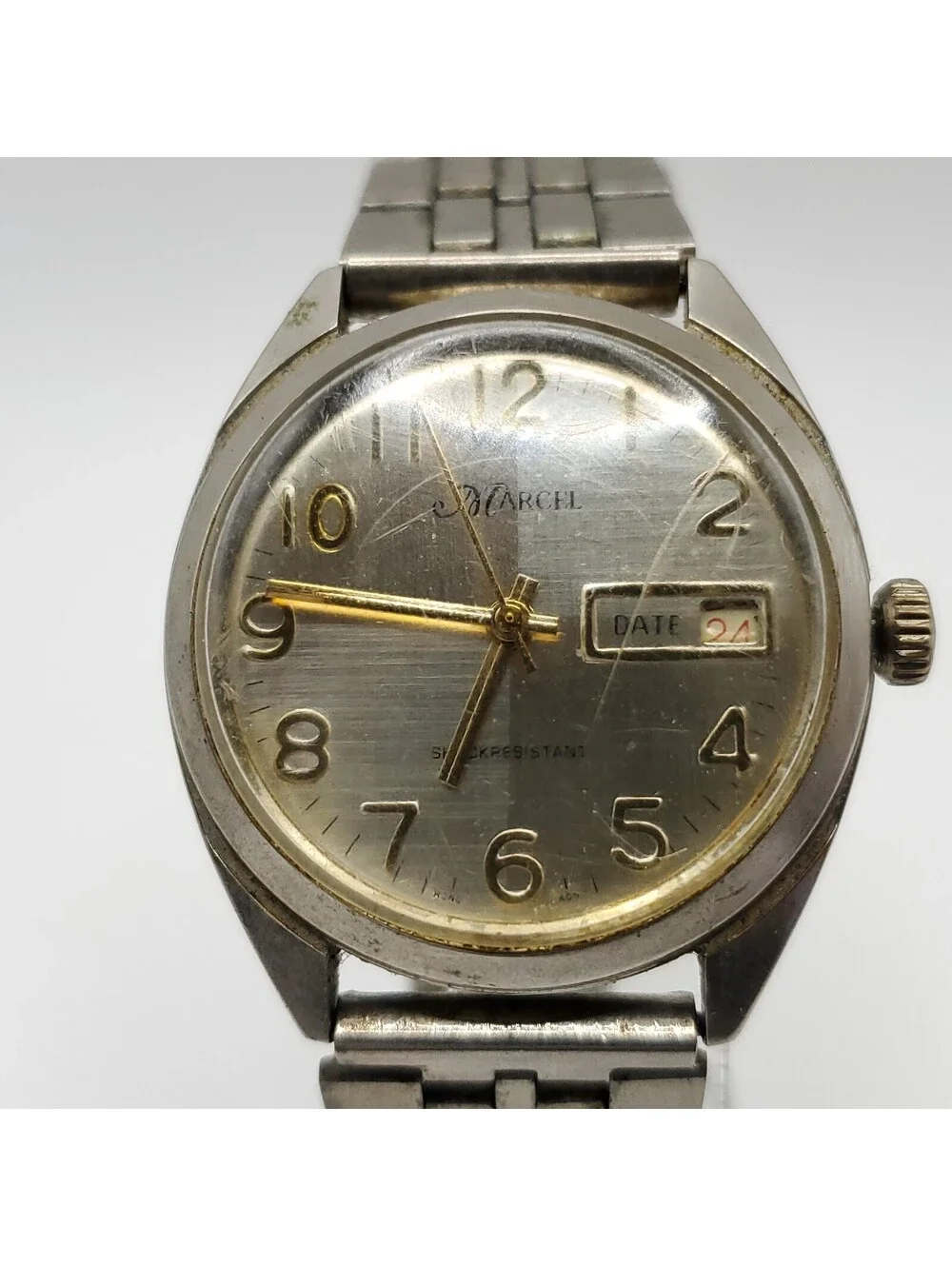 Vintage Mens Marcel Watch Running Fast Silver Tone Day/Date Dial